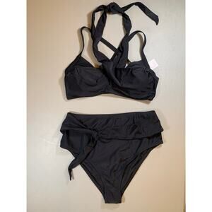 NWT Cupshe Black Crisscross Halter w/ High Waisted Bottoms Bikini Set Size 0X